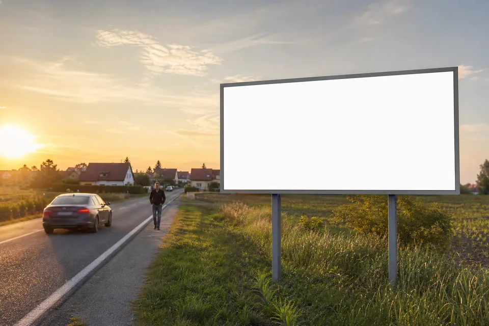 Pusty billboard przy drodze wjazdowej do małego miasta o zachodzie słońca