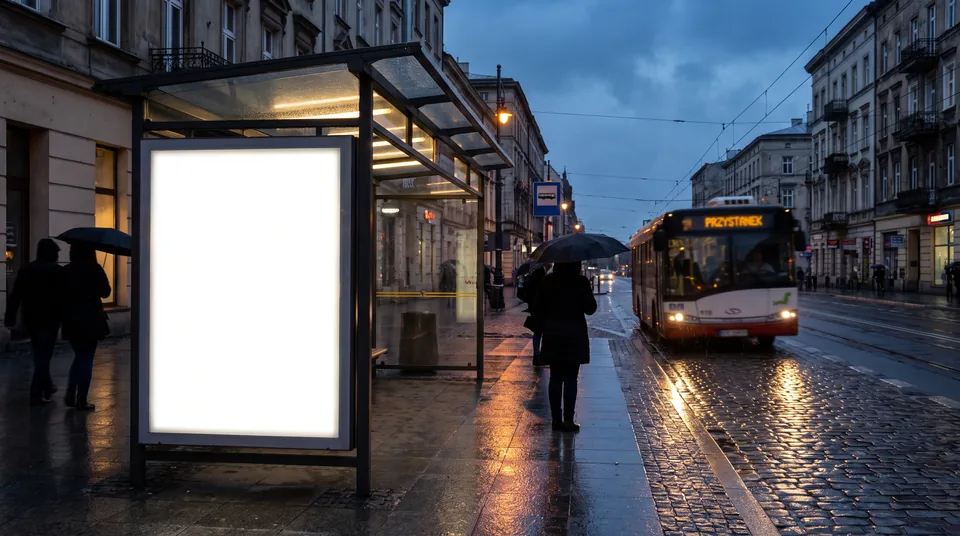 Wiata przystankowa z podświetlaną gablotą citylight na plakat reklamowy