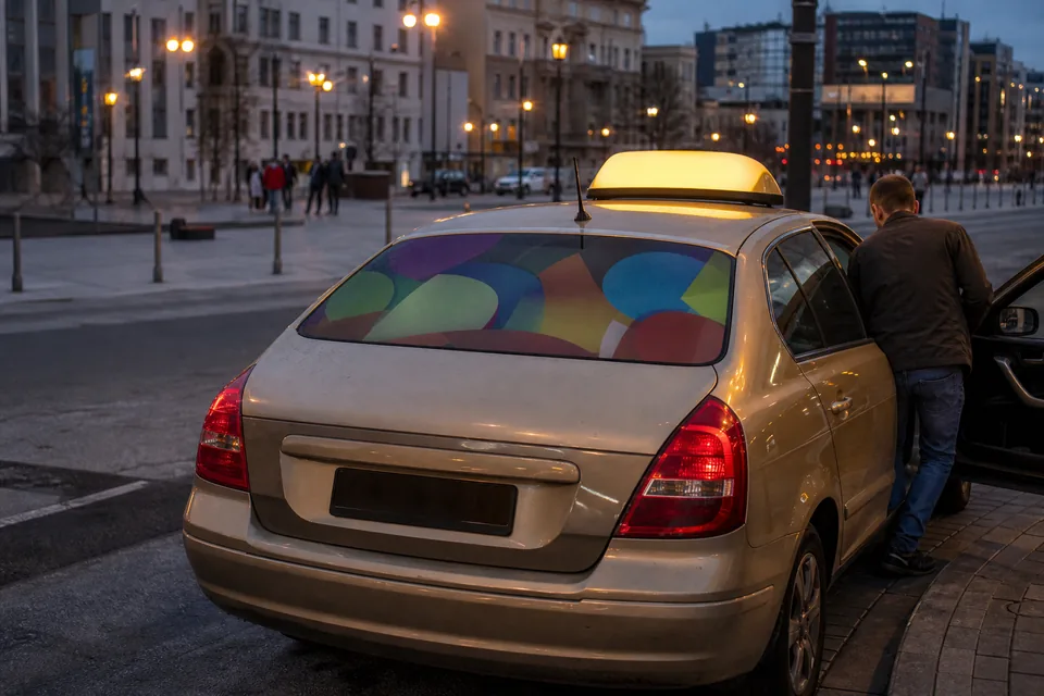 Taksówka na postoju w centrum miasta z reklamą na tylnej szybie
