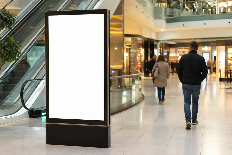 Pusty podświetlany nośnik reklamowy w korytarzu galerii handlowej obok ruchomych schodów