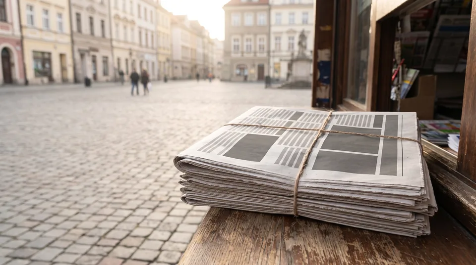 Egzemplarze lokalnego tygodnika na ladzie kiosku w małym mieście