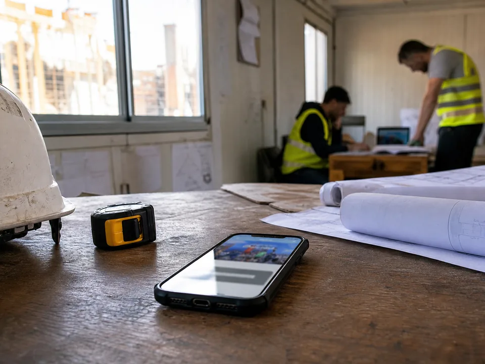 Smartfon ze stroną konkursu miejskiego obok rzutów budynku i kasku w biurze budowy
