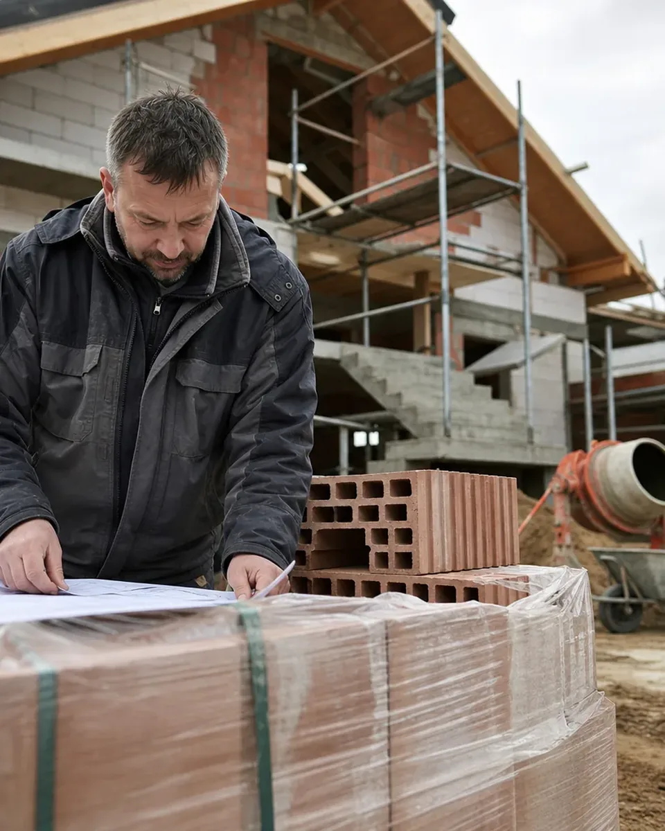 Kierownik budowy sprawdza rzut budynku przy palecie pustaków na placu budowy nowej inwestycji