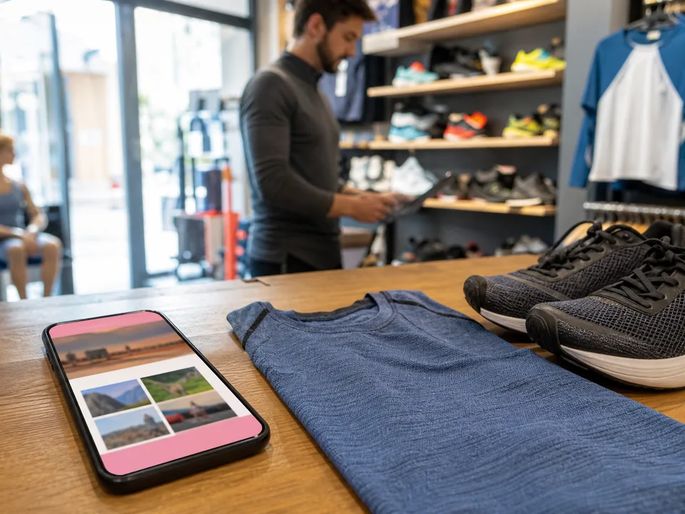 Smartfon ze stroną konkursu miejskiego i blokiem patrona na ladzie sklepu sportowego obok pary butów do biegania